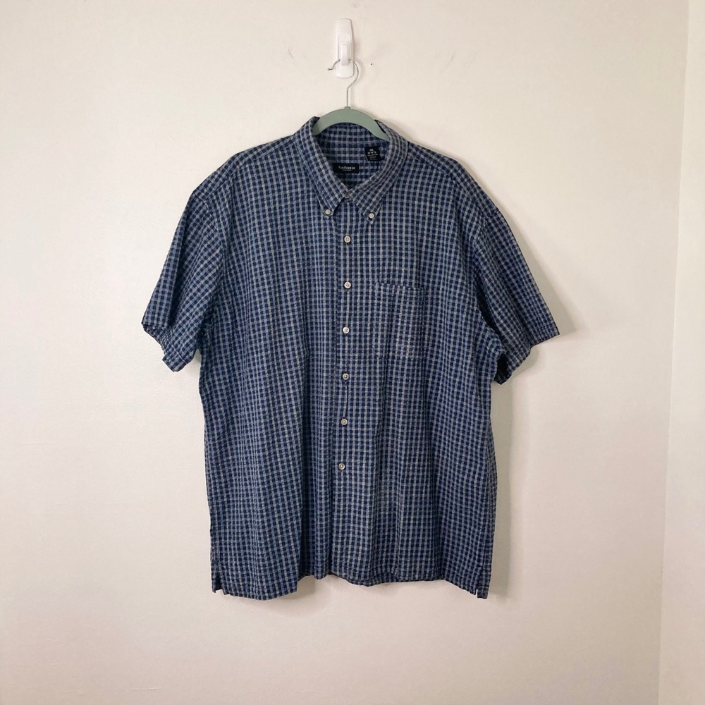 Van Heusen Mens XXL Blue Gingham Plaid Textured Cotton Short Sleeve Button Down